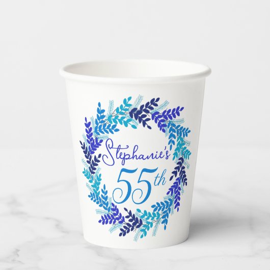 Gobelets En Papier Elégante Blue Wreath 55e fête d'anniversaire (Verso)