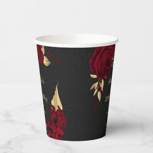 Gobelets En Papier Elégante bordeaux fleurs or noir (Gauche)