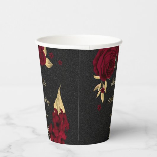 Gobelets En Papier Elégante bordeaux fleurs or noir (Droite)