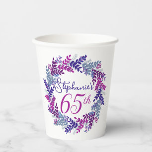 Gobelets En Papier Élégante couronne rose et pourpre 65e anniversaire