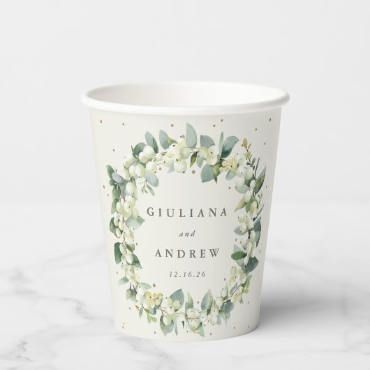 Gobelets En Papier Elégante crème Snowberry+Eucalyptus Wreath Mariage (Verso)