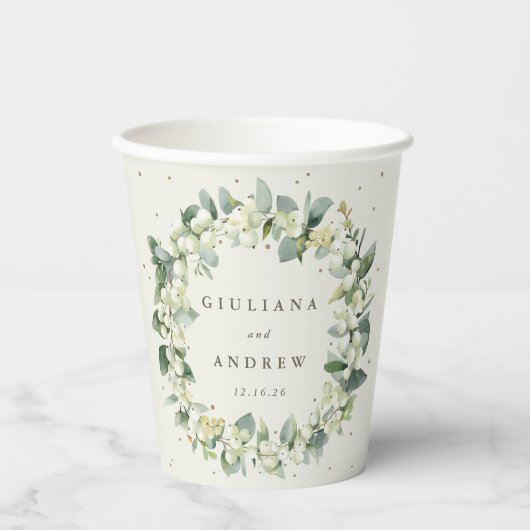 Gobelets En Papier Elégante crème Snowberry+Eucalyptus Wreath Mariage (Recto)