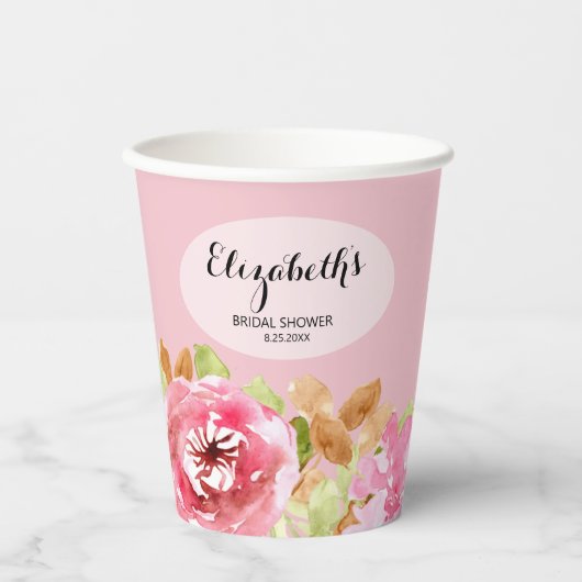 Gobelets En Papier Élégante douche de mariée florale à l'aquarelle (Recto)