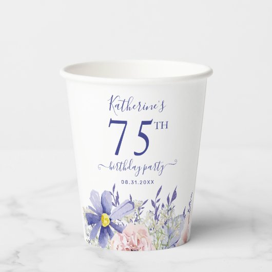 Gobelets En Papier Élégante fête du 75e anniversaire rose violet (Verso)