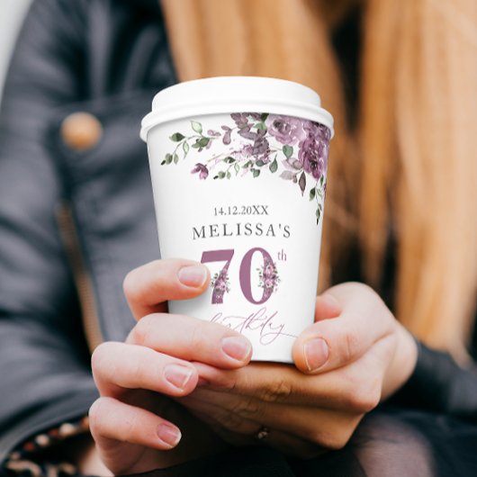 Gobelets En Papier Elégante Fleurs violettes 70e fête d'anniversaire