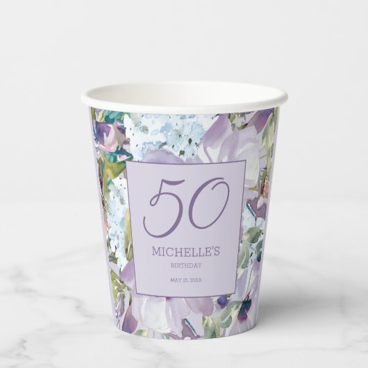 Gobelets En Papier Elégante Lilac Purple Floral Verdure 50e Anniversa (Verso)