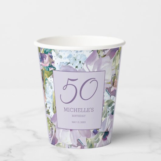 Gobelets En Papier Elégante Lilac Purple Floral Verdure 50e Anniversa (Recto)