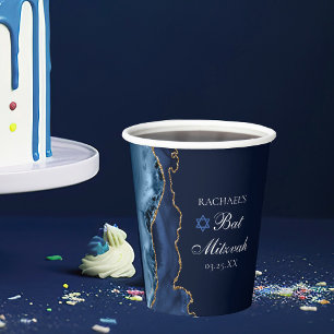 Gobelets En Papier Elégante Marine Blue Gold Agate Bat mitzvah Party