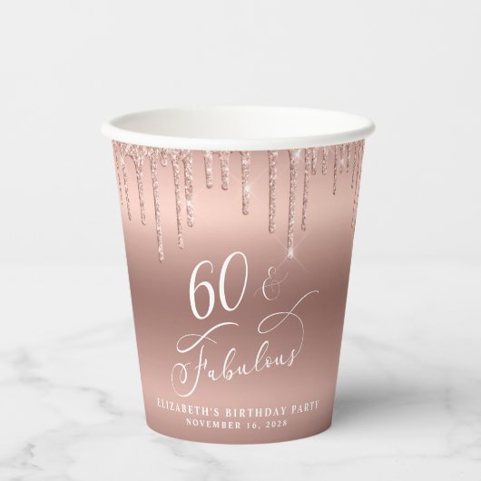 Gobelets En Papier Elégante Parties scintillant Rose Gold 60e fête d' (Recto)