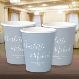 Gobelets En Papier Élégante signature de mariage bleu poussiéreux de