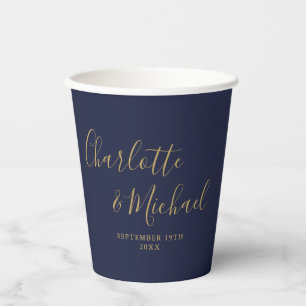 Gobelets En Papier Élégante Signature Script Bleu Nuit Or Mariage