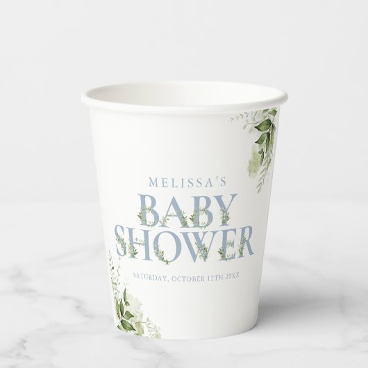 Gobelets En Papier Elégante verdure Baby shower bleu Dusty (Verso)