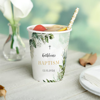 Gobelets En Papier Élégante verdure Feuillage Baptême