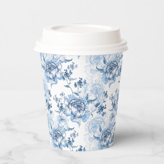 Gobelets En Papier Élégantes pivoines gravées en bleu et blanc (Gauche)