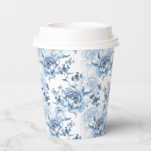 Gobelets En Papier Élégantes pivoines gravées en bleu et blanc (Verso)
