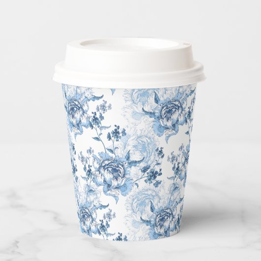 Gobelets En Papier Élégantes pivoines gravées en bleu et blanc (Recto)