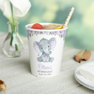 Gobelets En Papier Eléphant mignon, Fleurs pourpres, Premier Annivers