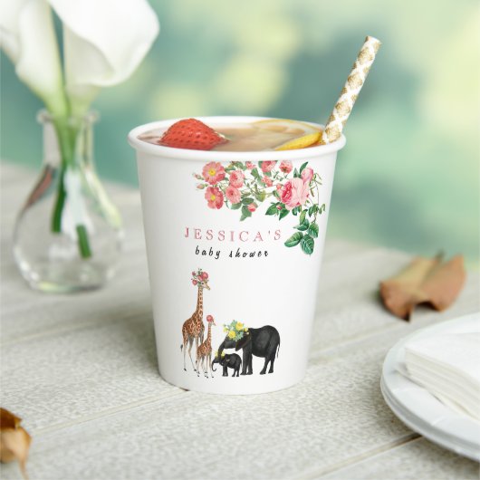 Gobelets En Papier Eléphant mignon & Giraffe Fille Baby shower Floral (Insitu)