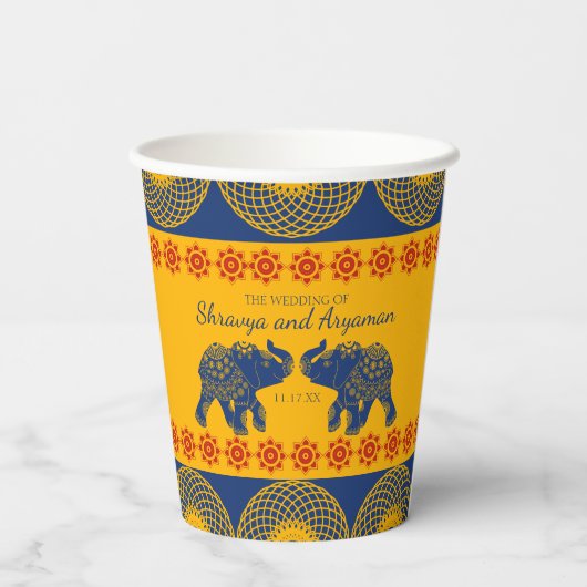 Gobelets En Papier Eléphants à thème indiens en Mariage bleu royal (Verso)