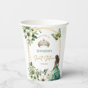 Gobelets En Papier Emerald Green Girl Princess Tiara Floral Sweet 16