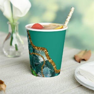 Gobelets En Papier Emerald Green & Gold Agate Parties scintillant