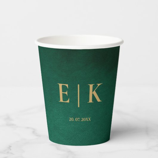 Gobelets En Papier Emerald Green & Gold Monogram Wedding (Verso)