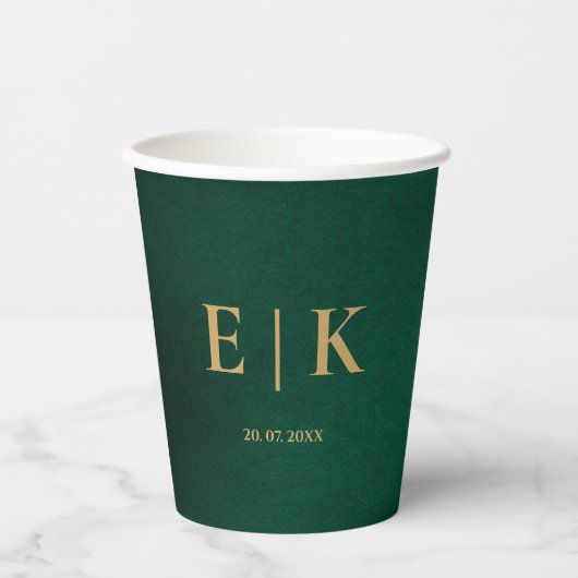 Gobelets En Papier Emerald Green & Gold Monogram Wedding (Recto)