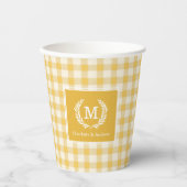 Gobelets En Papier En vichy jaune Monogramme Crest Personnalisé (Recto)