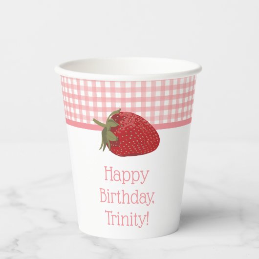 Gobelets En Papier En vichy roses et fraises rouges (Recto)