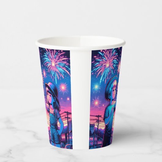 Gobelets En Papier Enfants tenant un feu d'artifice le 4 juillet (Gauche)