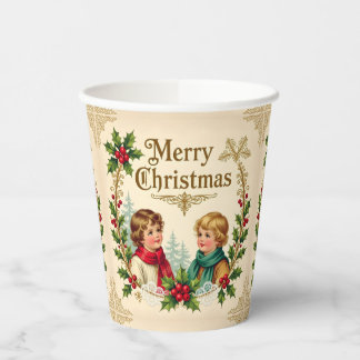 Gobelets En Papier Enfants victoriens Joyeux Noël vintage