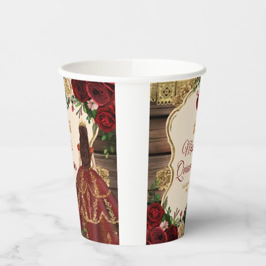 Gobelets En Papier Espagnol Bourgogne Floral Rustique Bois Quinceañer (Gauche)