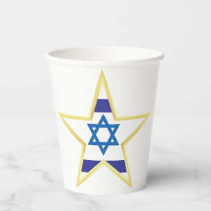 Gobelets En Papier Étoile de David Drapeau Israélien avec Bordure Dor