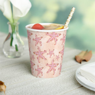 Gobelets En Papier Étoiles de mer et motif pastel rose corail
