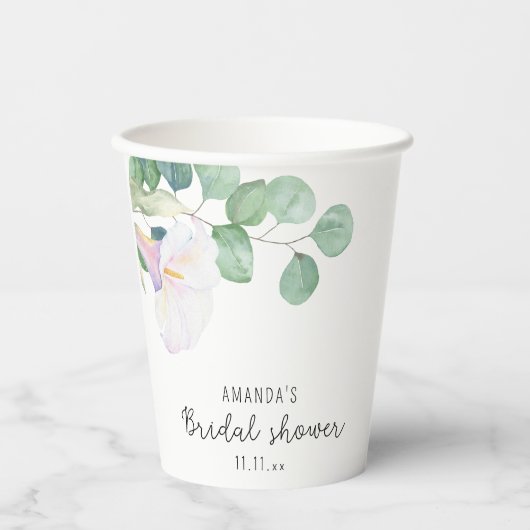 Gobelets En Papier Eucalyptus et fleur de calla - douche nuptiale (Recto)