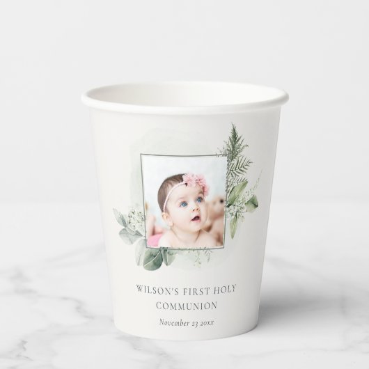 Gobelets En Papier Eucalyptus Fern Foliage Photo Première Communion S (Verso)