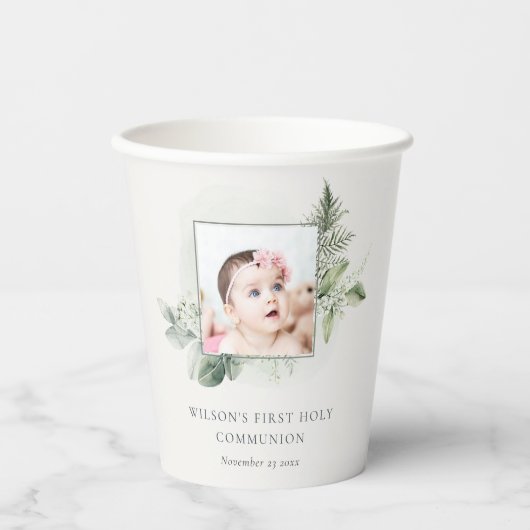 Gobelets En Papier Eucalyptus Fern Foliage Photo Première Communion S (Recto)