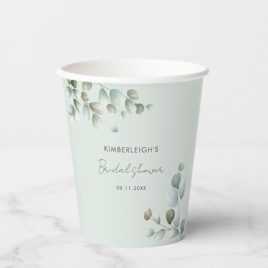 Gobelets En Papier Éucalyptus Feuille Script Fête des mariées minimal (Recto)