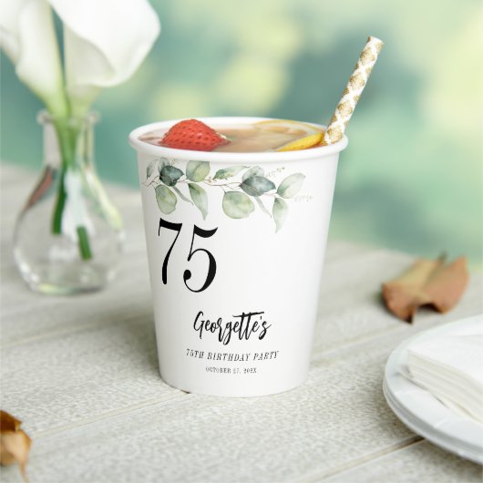 Gobelets En Papier Eucalyptus Verdure Aquarelle 75e anniversaire (Insitu)