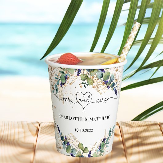 Gobelets En Papier Eucalyptus verdure mr mrs cœur mariage