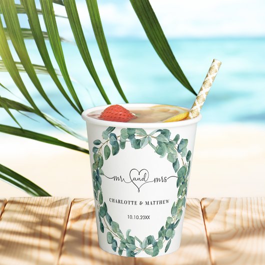 Gobelets En Papier Eucalyptus verdure mr mrs coeur mariage