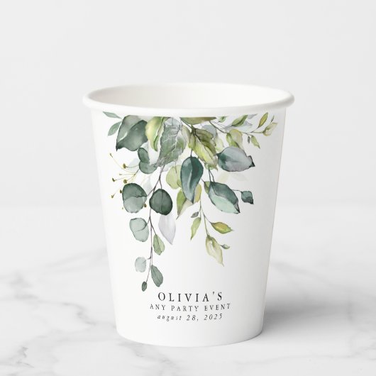 Gobelets En Papier Eucalyptus Vert Feuille Aquarelle (Verso)