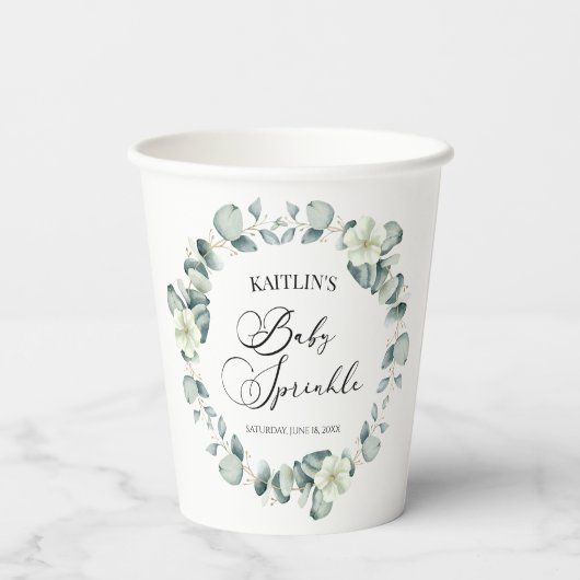 Gobelets En Papier Eucalyptus Vert Feuille Botanique Bébé saupoudré (Verso)