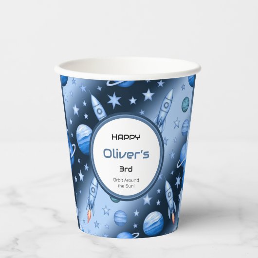 Gobelets En Papier Externe Space Adventure Rocket et Planet Blue (Recto)