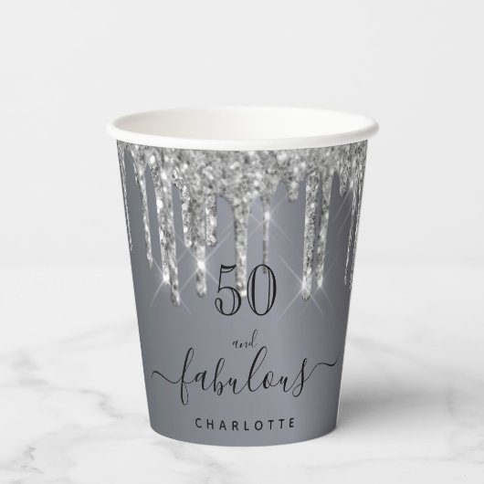 Gobelets En Papier Fabuleux anniversaire argent nom parties scintilla (Verso)