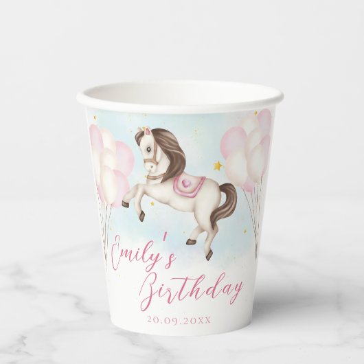 Gobelets En Papier Fairytale bébé Pony rose ballons étoile Anniversai (Recto)