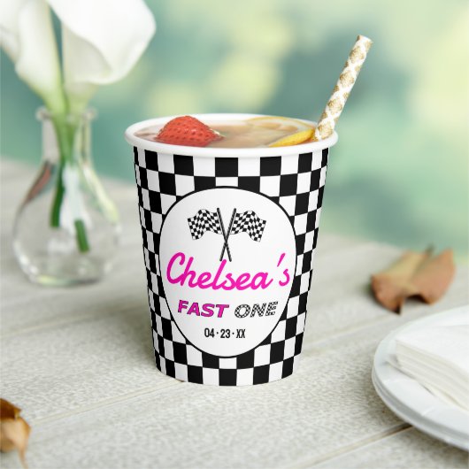 Gobelets En Papier Fast ONE Pink Black White Race Car Flags Birthday  (Insitu)