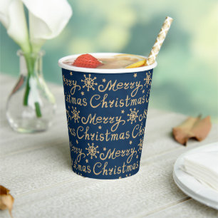Gobelets En Papier Faux Gold & Blue Joyeux Noël Lettres Motif