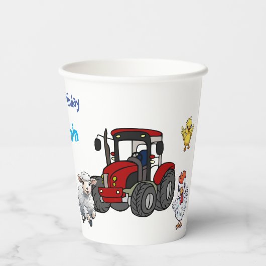 Gobelets En Papier Ferme animale d'anniversaire avec tracteur rouge (Verso)