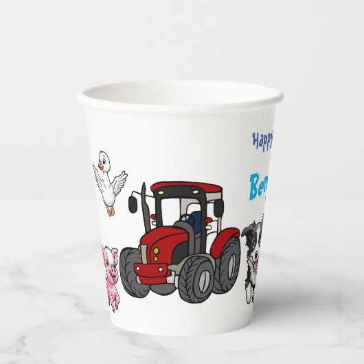 Gobelets En Papier Ferme animale d'anniversaire avec tracteur rouge (Recto)